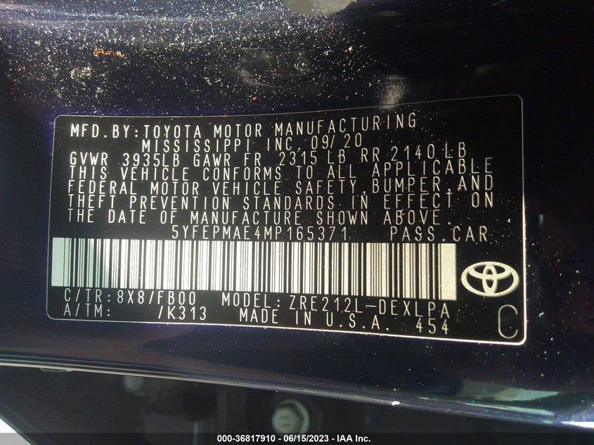 VIN 5YFEPMAE4MP165371 2021 TOYOTA COROLLA LE