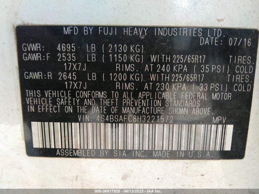2017 SUBARU OUTBACK PREMIUM - 4S4BSAFC8H3221572