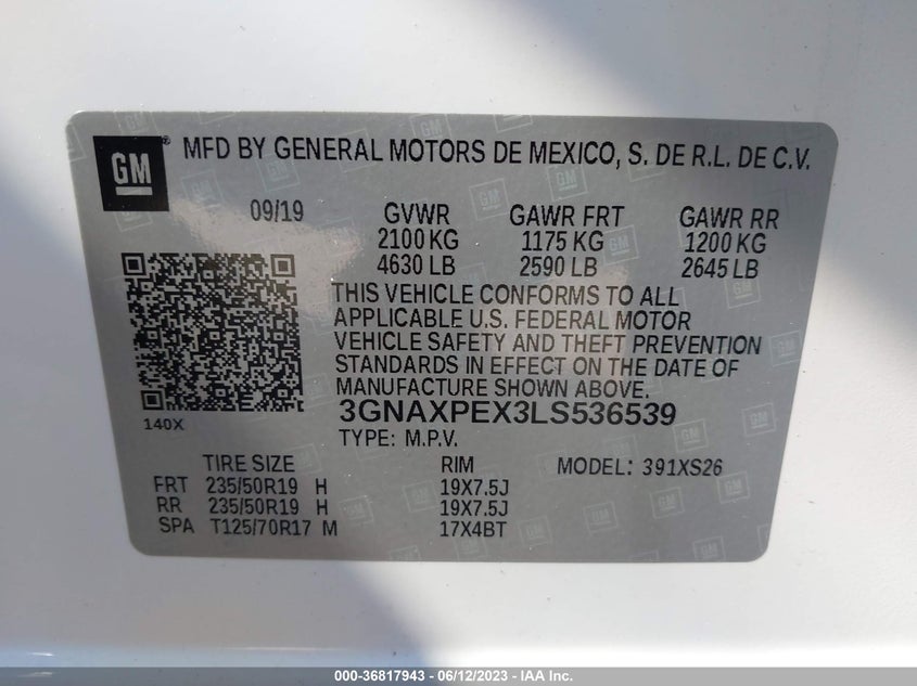 VIN 3GNAXPEX3LS536539 2020 CHEVROLET EQUINOX PREMIER