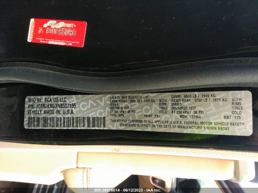 2022 JEEP GRAND CHEROKEE L LIMITED - 1C4RJKBGXN8507135