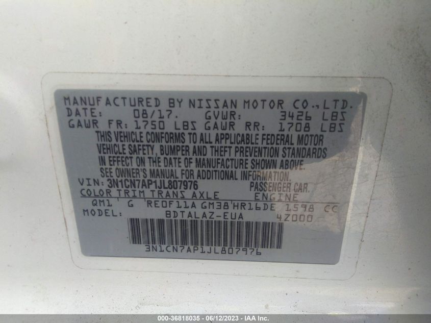 2018 NISSAN VERSA SEDAN S PLUS - 3N1CN7AP1JL807976