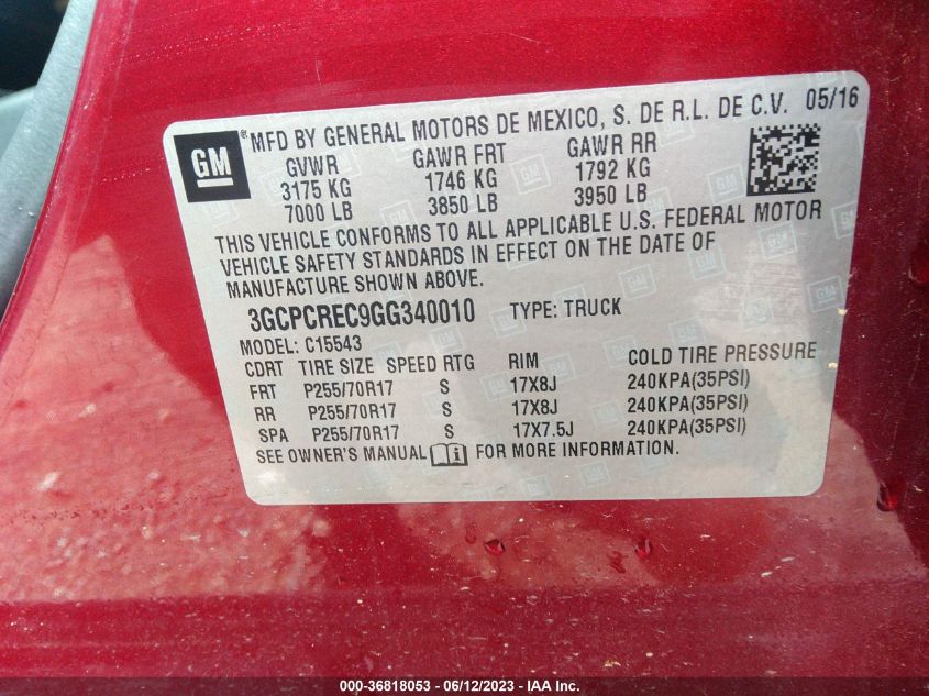 2016 CHEVROLET SILVERADO 1500 LT - 3GCPCREC9GG340010