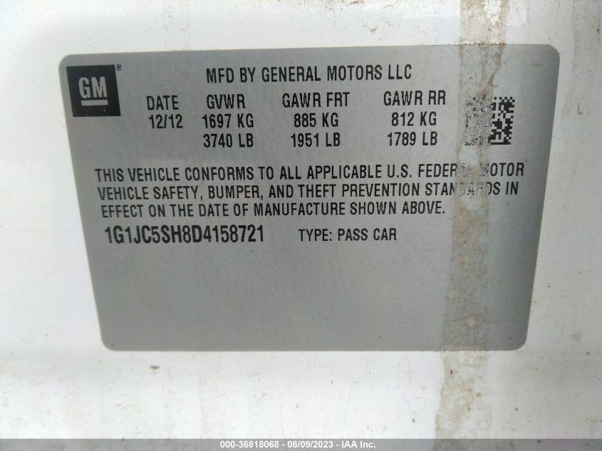 2013 CHEVROLET SONIC LT - 1G1JC5SH8D4158721
