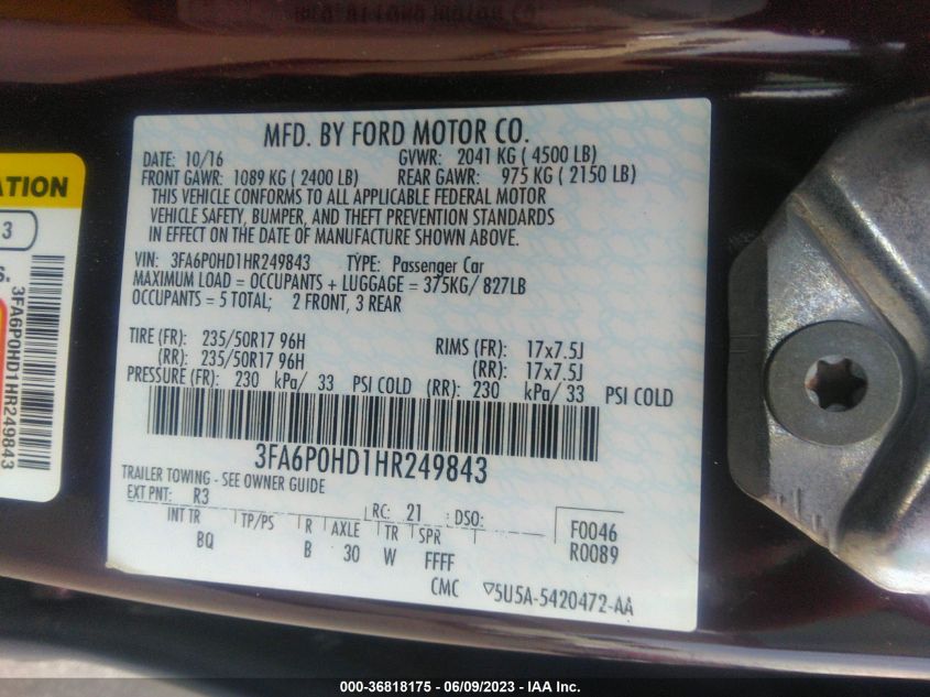 2017 FORD FUSION SE - 3FA6P0HD1HR249843