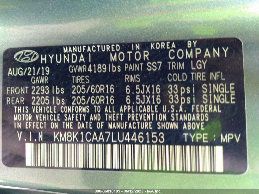 2020 HYUNDAI KONA SE - KM8K1CAA7LU446153