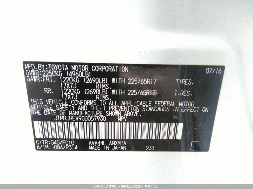 2016 TOYOTA RAV4 HYBRID XLE - JTMRJREV9GD057930