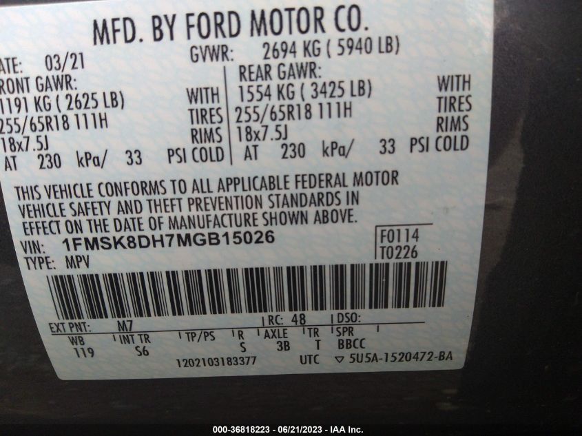 2021 FORD EXPLORER XLT - 1FMSK8DH7MGB15026