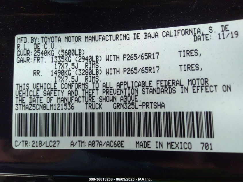 2020 TOYOTA TACOMA 2WD SR5/TRD SPORT - 3TMAZ5CN8LM121536