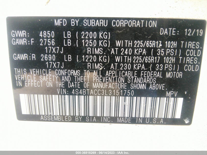 VIN 4S4BTACC3L3151750 2020 SUBARU OUTBACK PREMIUM