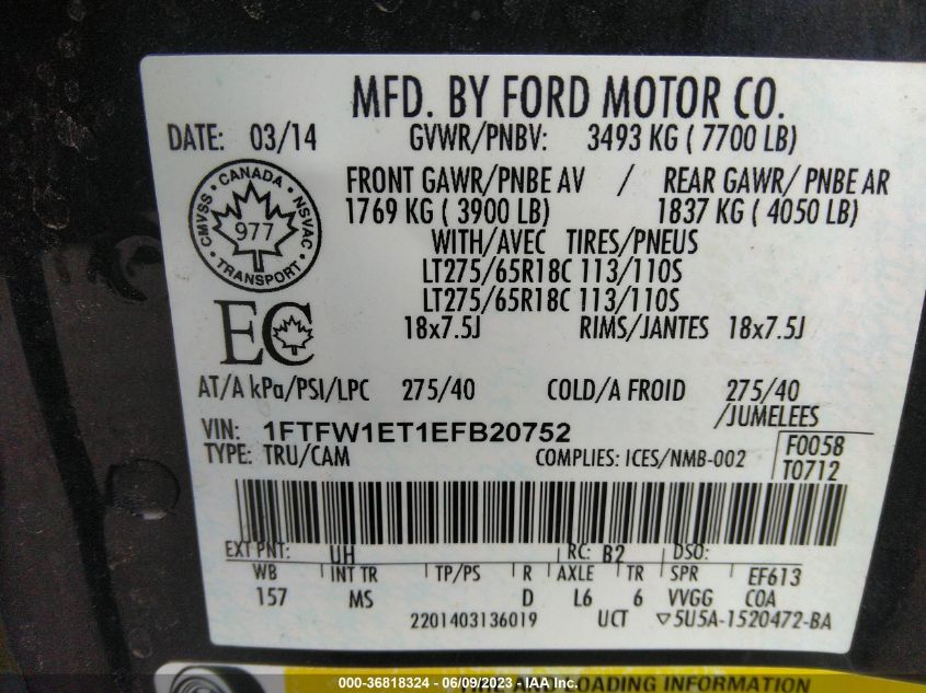 2014 FORD F-150 XL/XLT/FX4/LARIAT - 1FTFW1ET1EFB20752