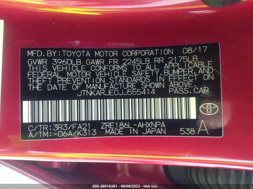 2018 TOYOTA COROLLA IM - JTNKARJE0JJ555414