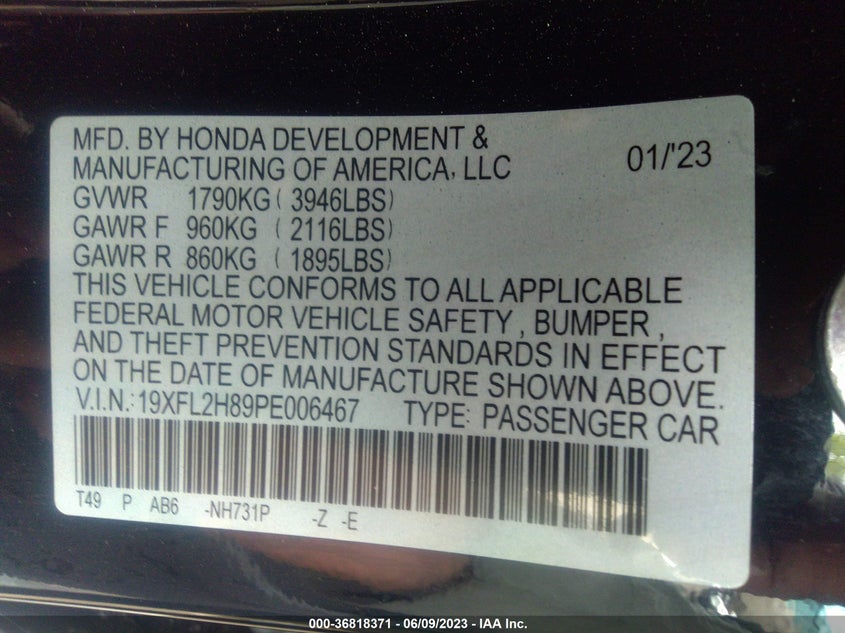VIN 19XFL2H89PE006467 2023 HONDA CIVIC HATCHBACK SPORT