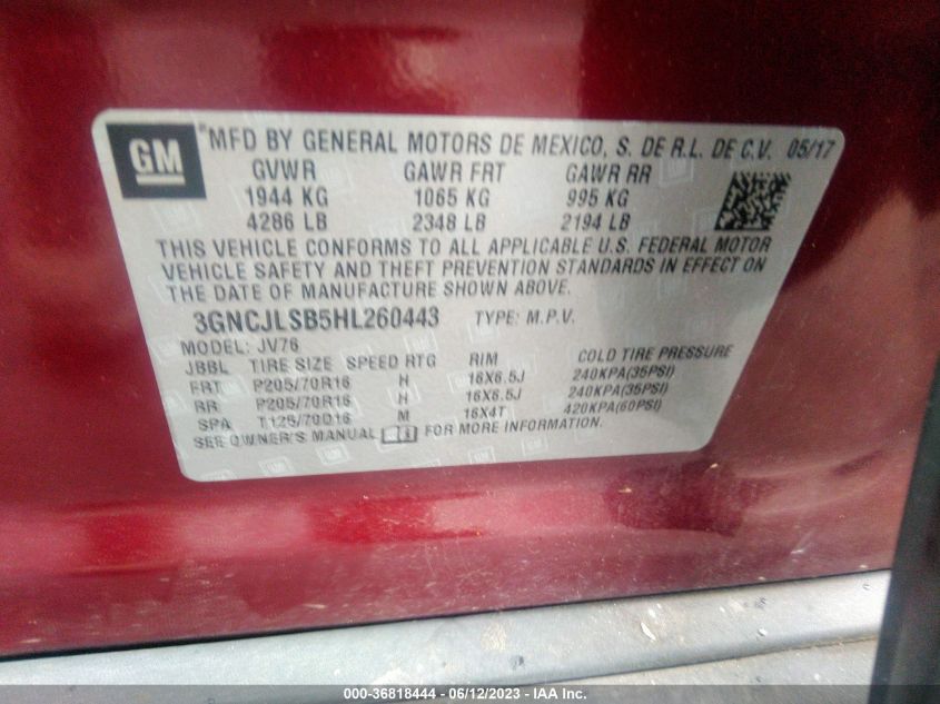 2017 CHEVROLET TRAX LT - 3GNCJLSB5HL260443