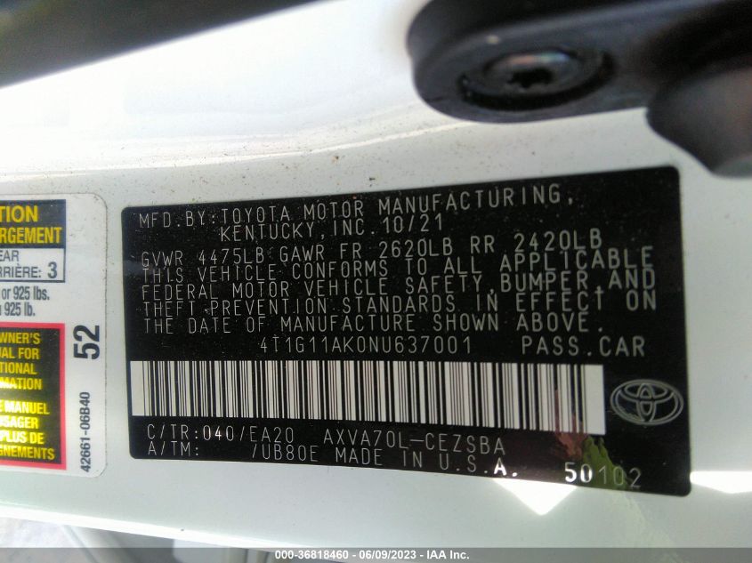 2022 TOYOTA CAMRY SE/SE NIGHT SHADE - 4T1G11AK0NU637001