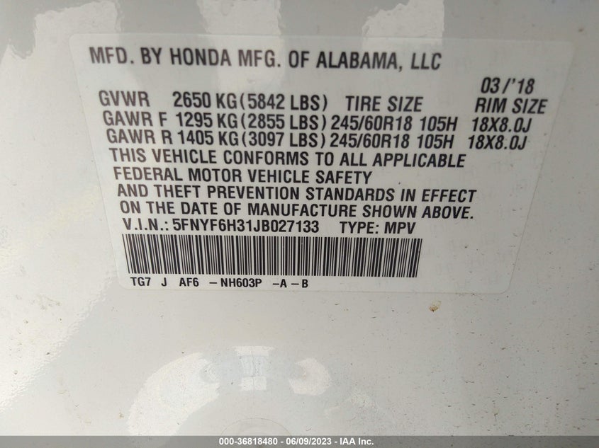 VIN 5FNYF6H31JB027133 2018 HONDA PILOT EX