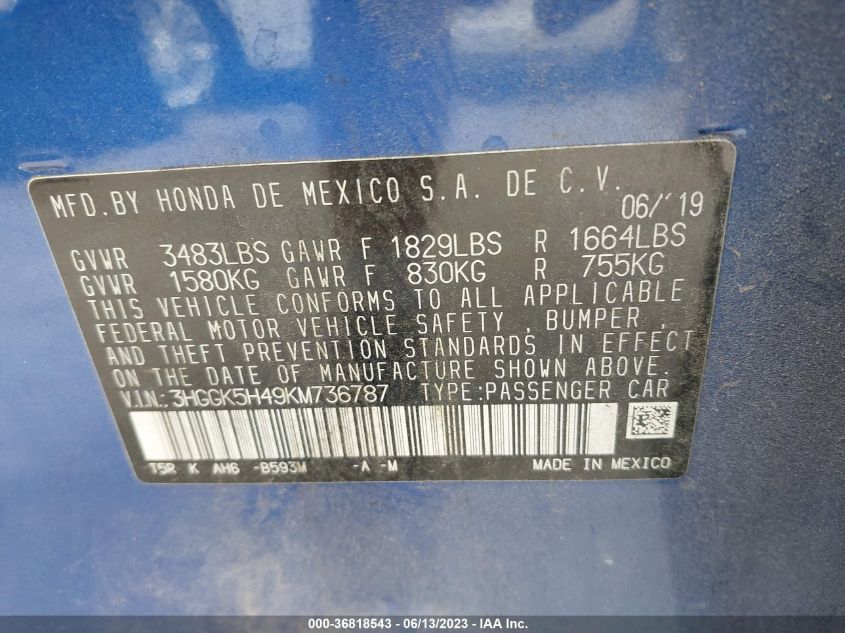 2019 HONDA FIT LX - 3HGGK5H49KM736787