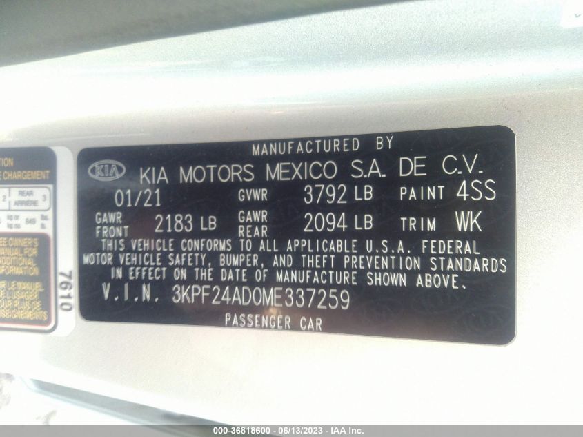 2021 KIA FORTE LXS - 3KPF24AD0ME337259