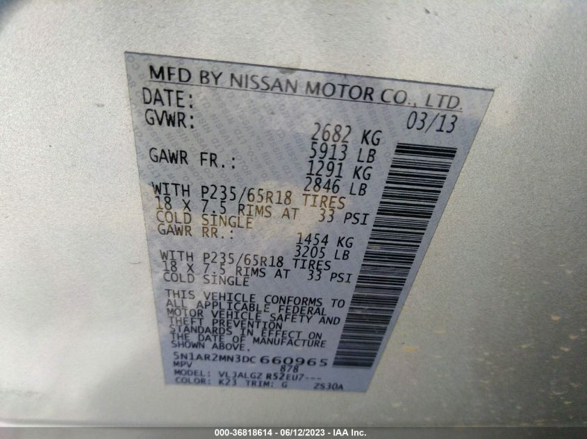 2013 NISSAN PATHFINDER SL - 5N1AR2MN3DC660965