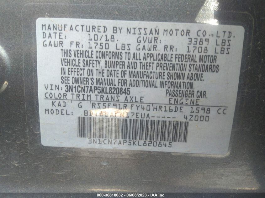 2019 NISSAN VERSA SEDAN S - 3N1CN7AP5KL820845