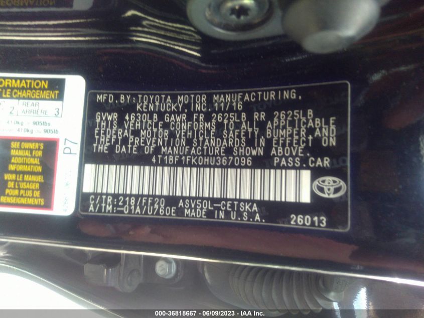 2017 TOYOTA CAMRY XLE/SE/LE/XSE - 4T1BF1FK0HU367096