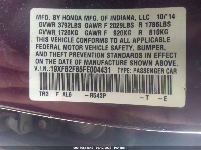 2015 HONDA CIVIC SEDAN EX - 19XFB2F85FE004431