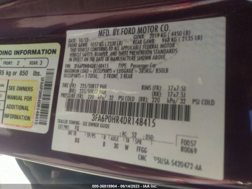 2013 FORD FUSION SE - 3FA6P0HR4DR148415
