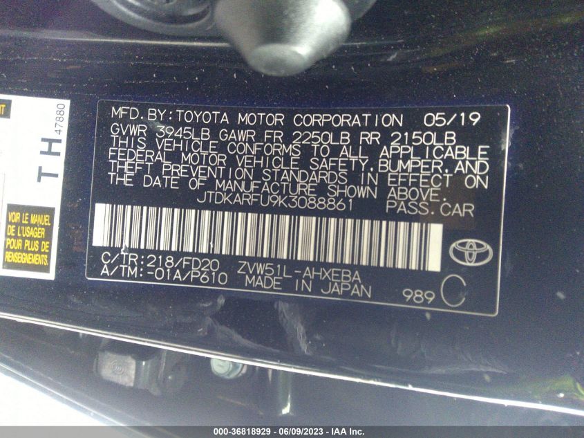 2019 TOYOTA PRIUS L ECO/LE/XLE/LIMITED - JTDKARFU9K3088861