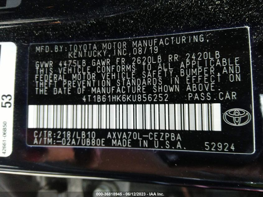 2019 TOYOTA CAMRY XSE - 4T1B61HK6KU856252