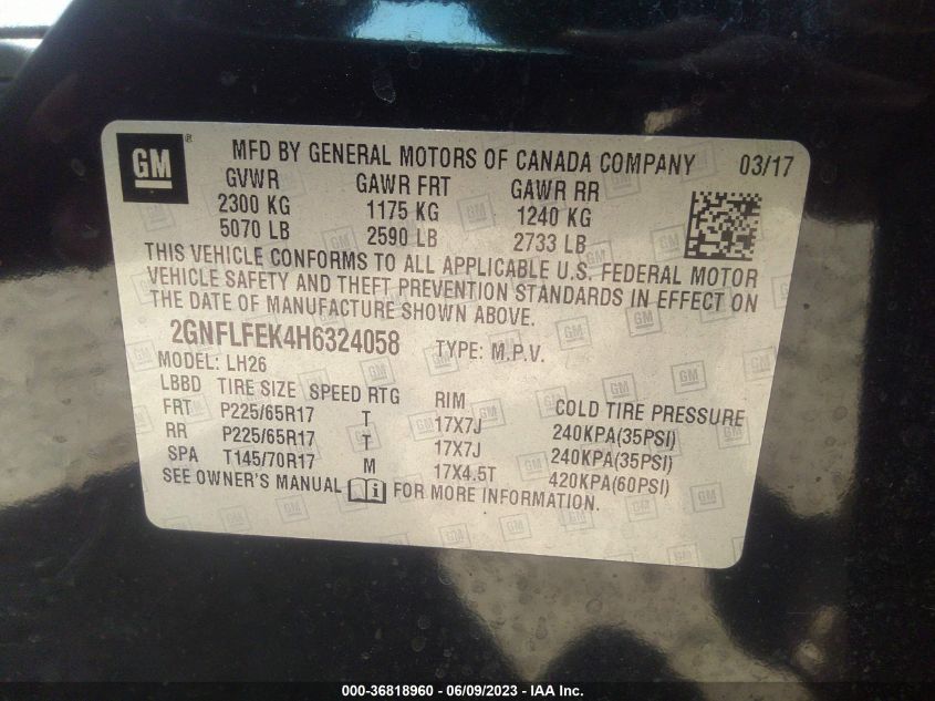 2017 CHEVROLET EQUINOX LT - 2GNFLFEK4H6324058