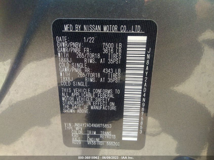 2022 NISSAN ARMADA S/SV - JN8AY2AD4N9675853