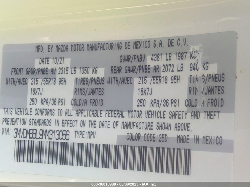 VIN 3MVDMBBL9MM313056 2021 MAZDA CX-30 SELECT