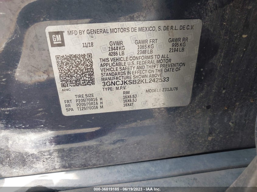 VIN 3GNCJKSB2KL242533 2019 CHEVROLET TRAX LS