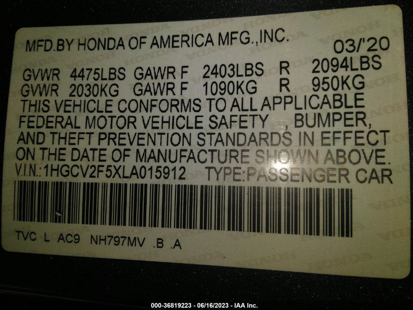 2020 HONDA ACCORD SEDAN EX-L - 1HGCV2F5XLA015912