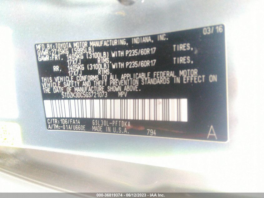 2016 TOYOTA SIENNA L - 5TDZK3DC5GS721073