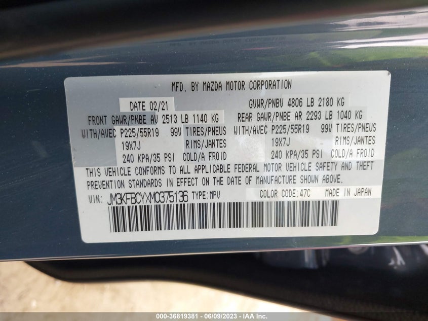 VIN JM3KFBCYXM0375136 2021 MAZDA CX-5 CARBON EDITION TURBO