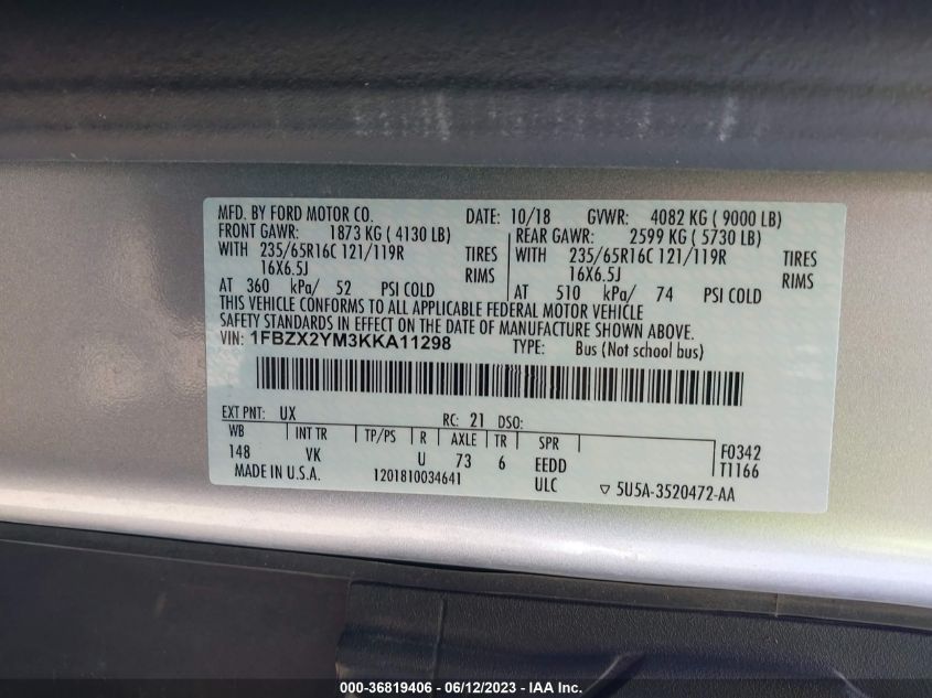 2019 FORD TRANSIT PASSENGER WAGON XL/XLT 1FBZX2YM3KKA11298