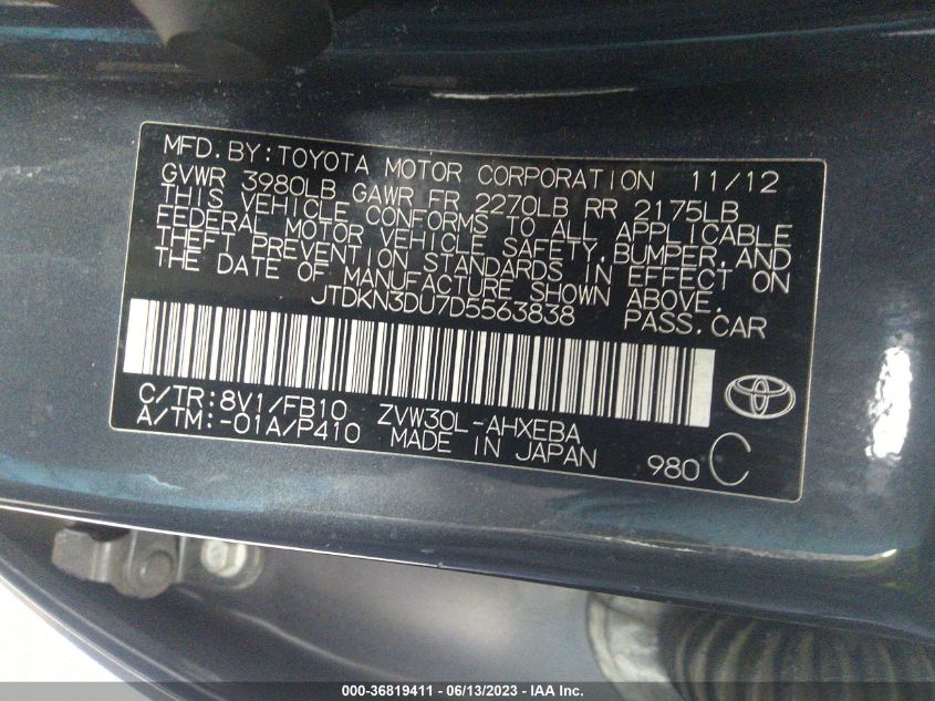 2013 TOYOTA PRIUS ONE/TWO/THREE/FOUR/FIVE - JTDKN3DU7D5563838
