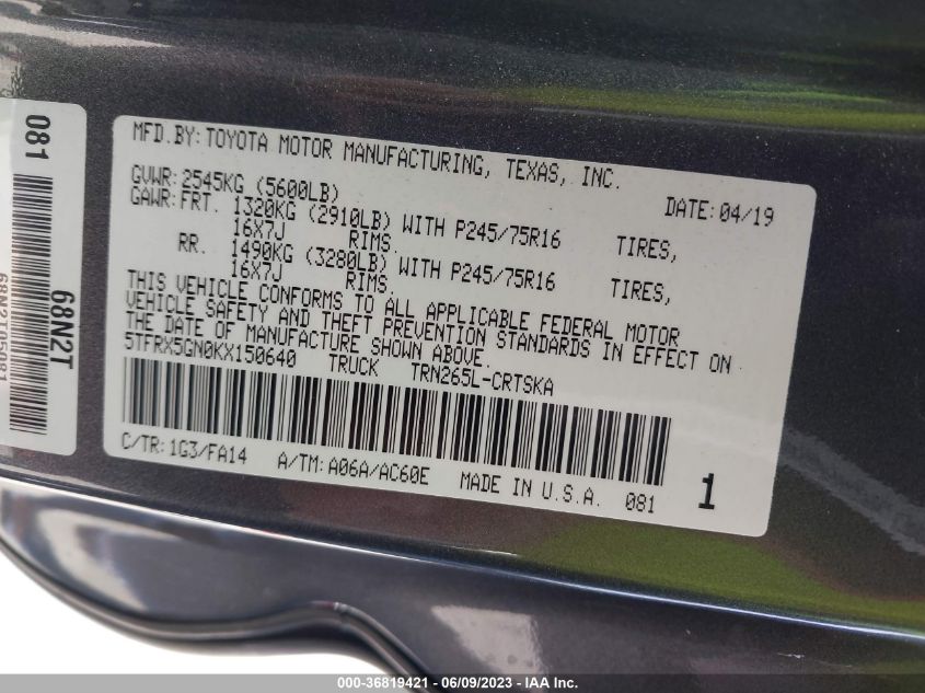 2019 TOYOTA TACOMA 2WD SR/SR5 - 5TFRX5GN0KX150640