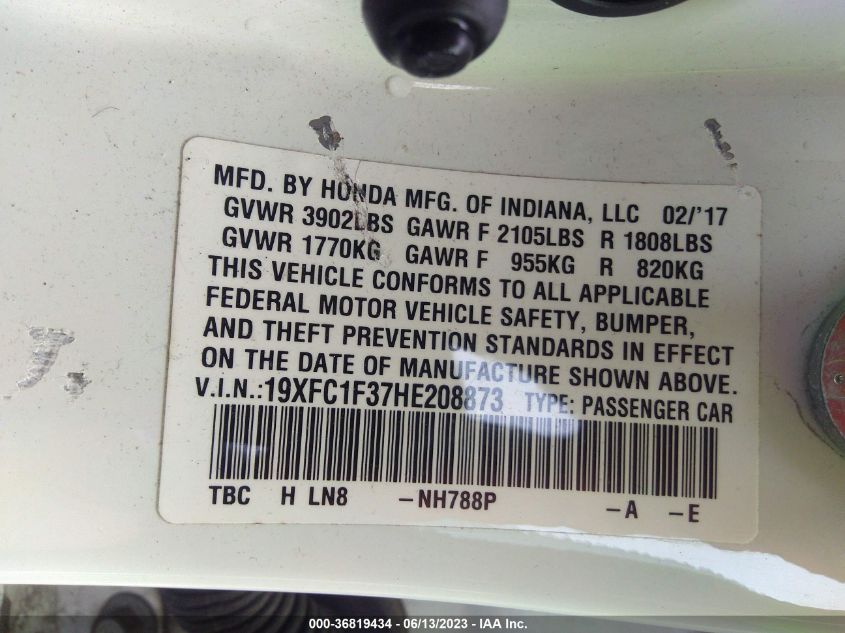 2017 HONDA CIVIC SEDAN EX-T - 19XFC1F37HE208873
