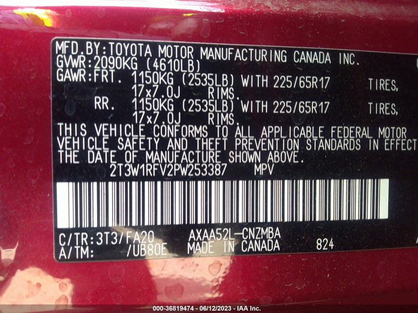 VIN 2T3W1RFV2PW253387 2023 TOYOTA RAV4 XLE