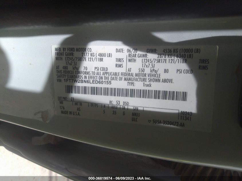 2020 FORD SUPER DUTY F-250 SRW XL/XLT/LARIAT - 1FT7W2BN6LED60155