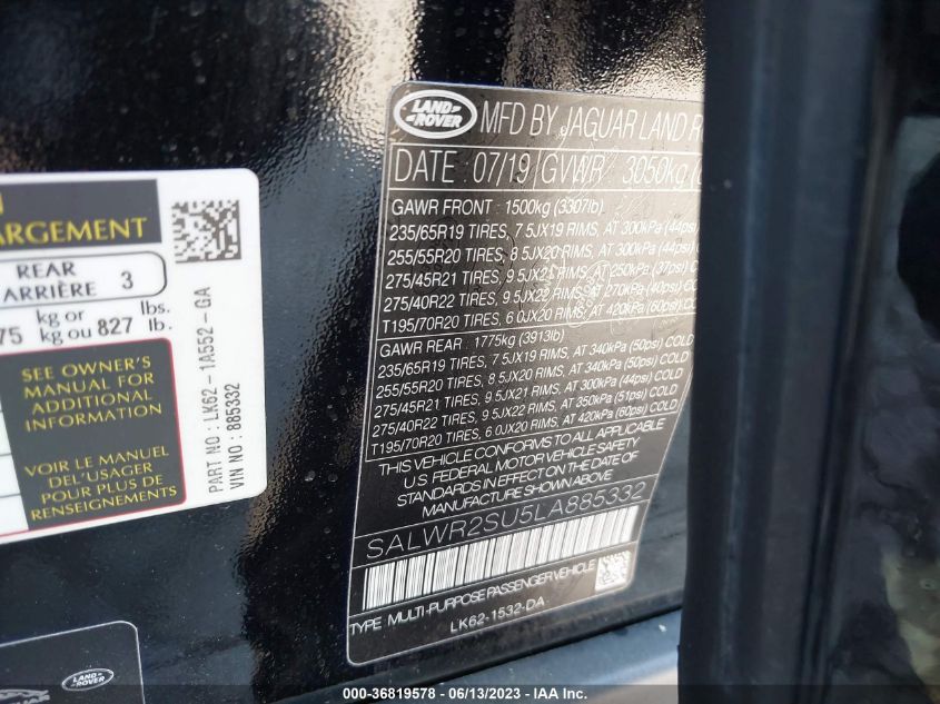 2020 LAND ROVER RANGE ROVER SPORT HSE - SALWR2SU5LA885332