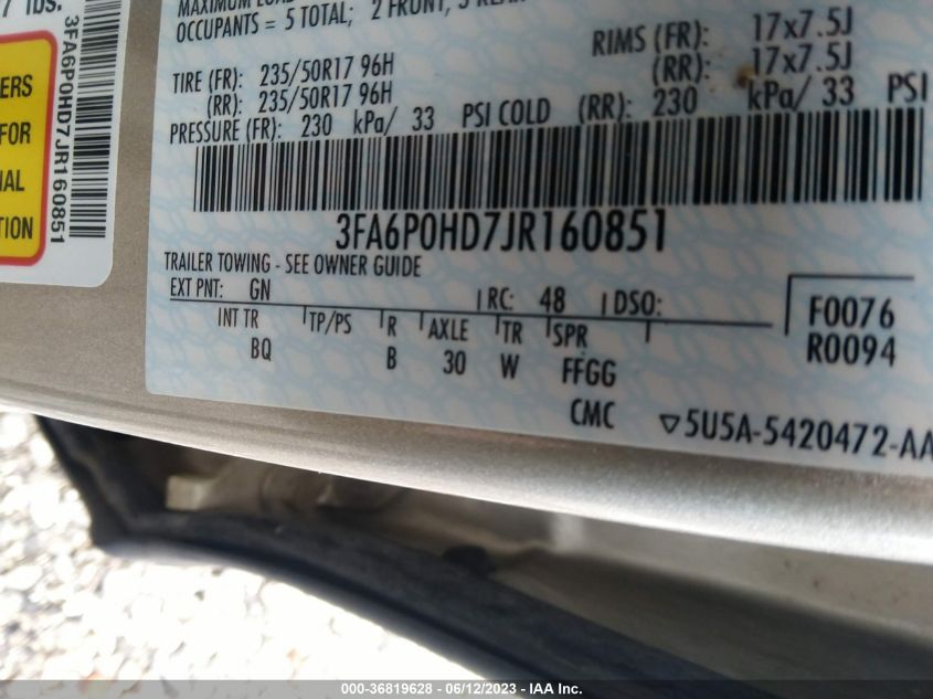 2018 FORD FUSION SE - 3FA6P0HD7JR160851
