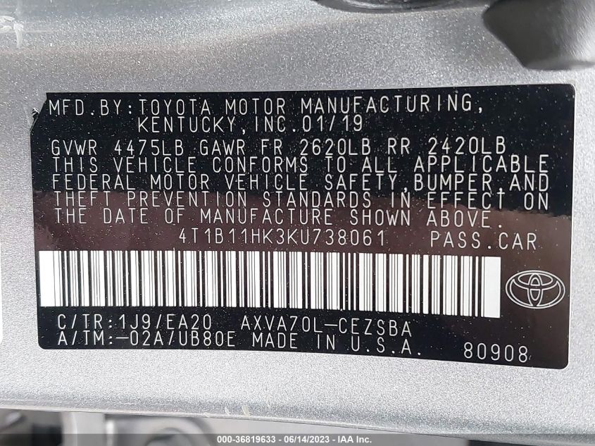 2019 TOYOTA CAMRY L/LE/XLE/SE/XSE - 4T1B11HK3KU738061