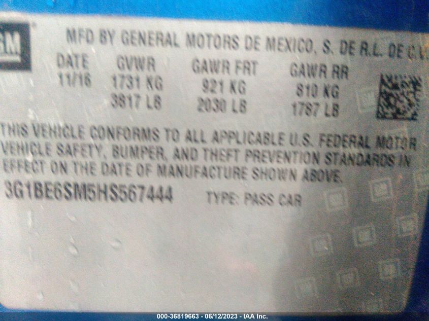 2017 CHEVROLET CRUZE LT - 3G1BE6SM5HS567444