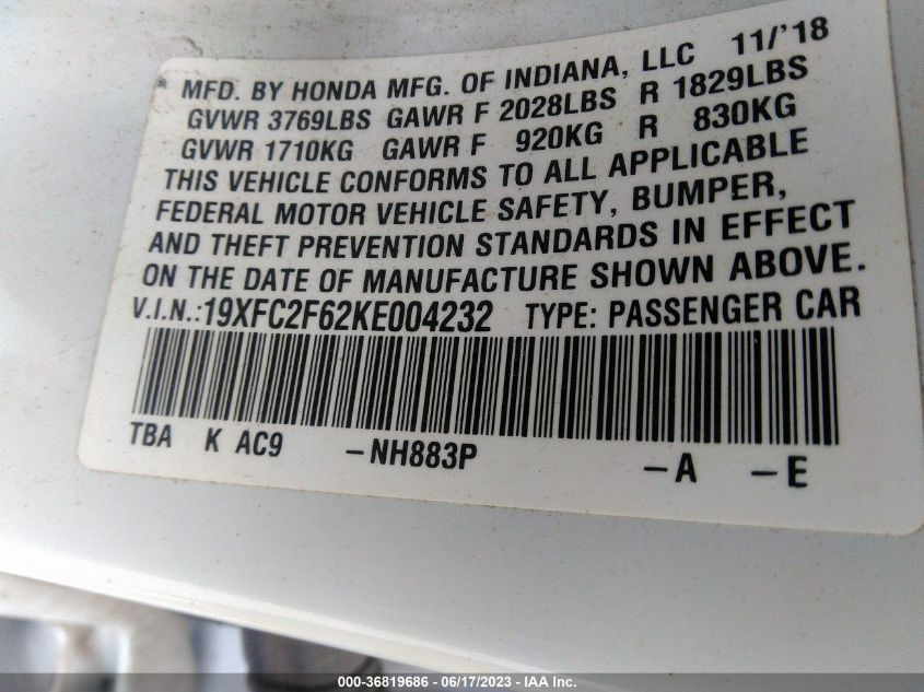 19XFC2F62KE004232 Honda Civic Sedan LX 9