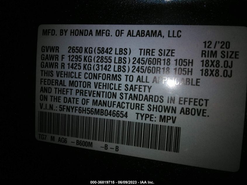 2021 HONDA PILOT EX-L - 5FNYF6H56MB046654