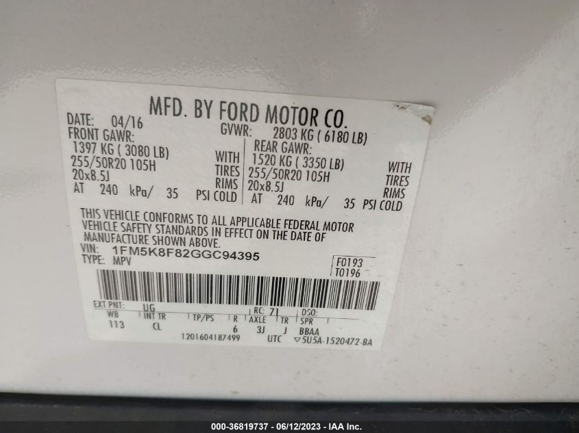 2016 FORD EXPLORER LIMITED - 1FM5K8F82GGC94395