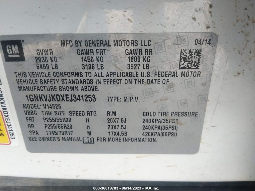 2014 CHEVROLET TRAVERSE LTZ - 1GNKVJKDXEJ341253