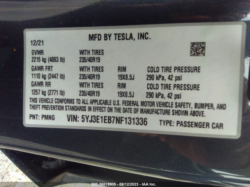 2022 TESLA MODEL 3 LONG RANGE - 5YJ3E1EB7NF131336